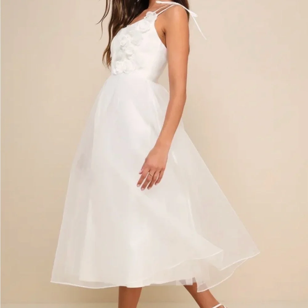 Intentionally Darling White Organza Tie-Strap Rosette Midi Dress - Picture 2 of 5